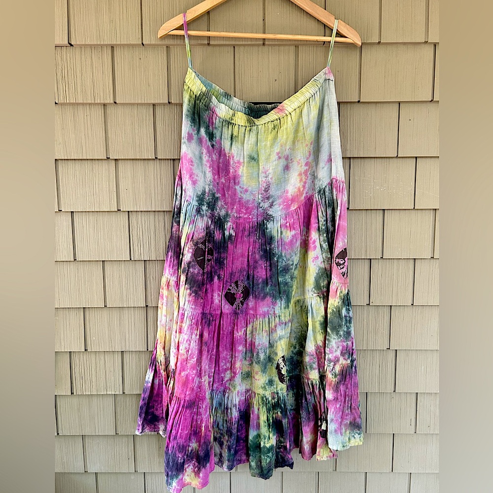 Etc. Tiered Tie Dye Skirt Pink Yellow Gray Size Large Cotton